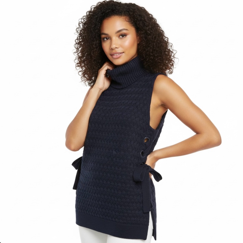 NWT Parker High Neck Knit Tunic Tops LaceUp Size Sleeveless Size S Navy Blue$275